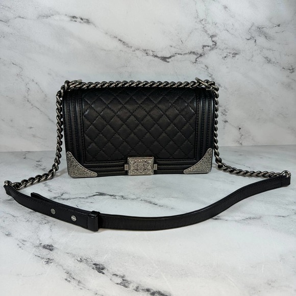 ❌❌ Chanel Boy Bag Metal Old Medium Classic Quilted Black Flap CC Leboy Calfskin - Picture 4 of 16